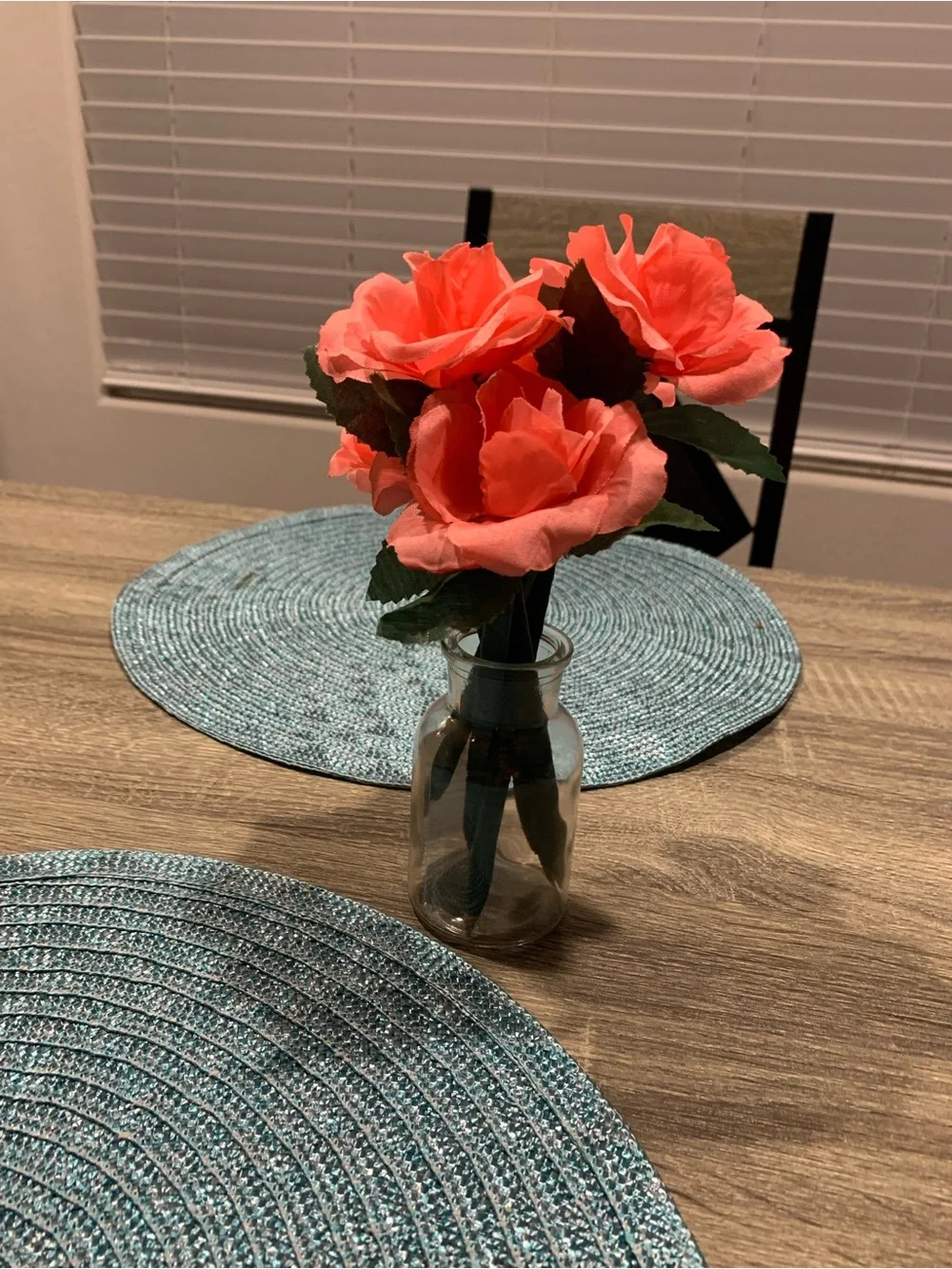 Coral Artificial Rose Bouquet in Glass Vase - Home Accents, office decor.